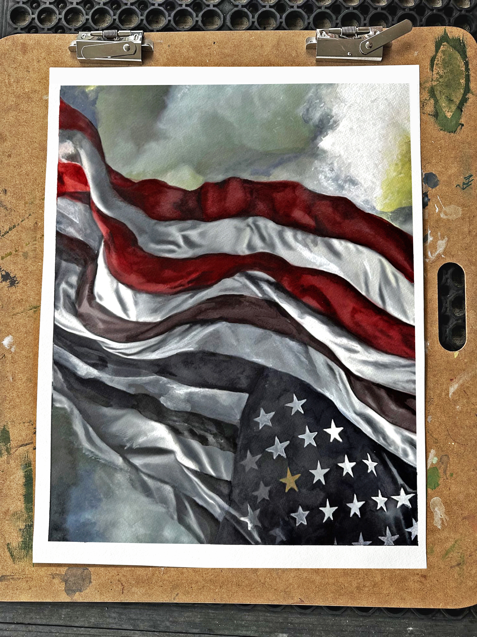 The Flip, a flag painting by Jordan A. Cook made with ash and charcoal